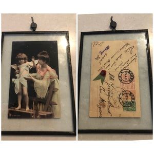 (2) Victorian Children Original Postcards Framed in Leaded Glass Wall Hangings